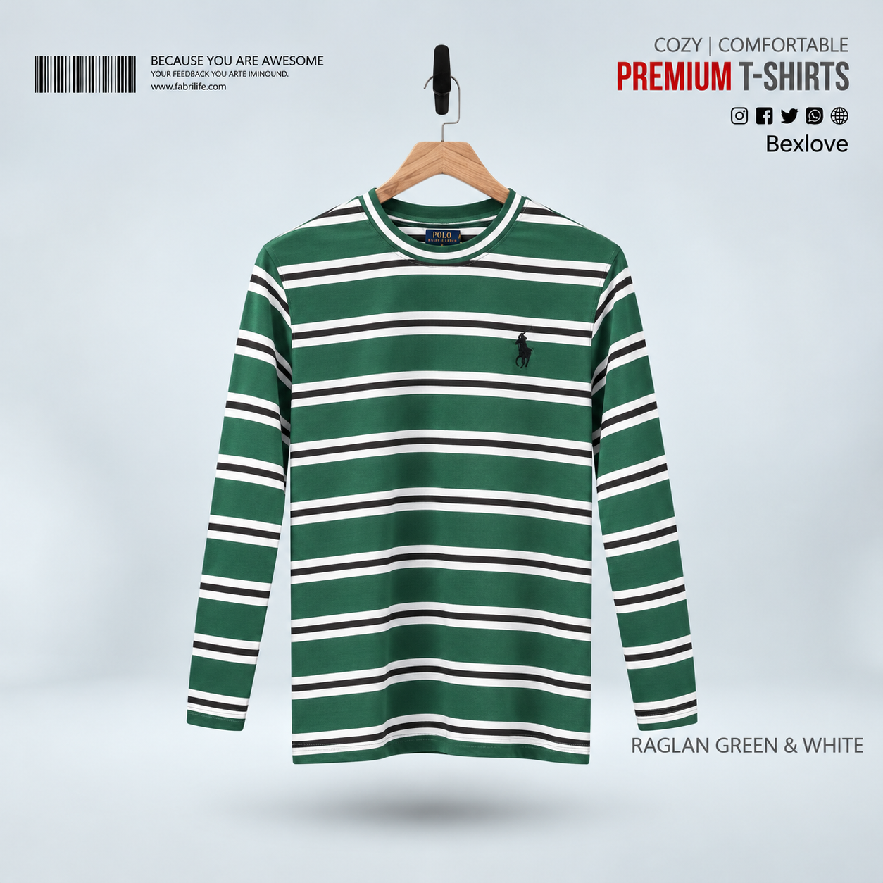 Bexlove Men's Premium Full Sleeve Striped T-Shirt - Green & White