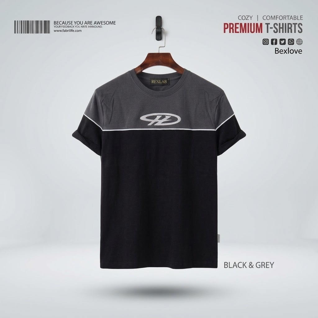 Men's Premium Color-Blocked Black & Grey Cotton T-Shirt