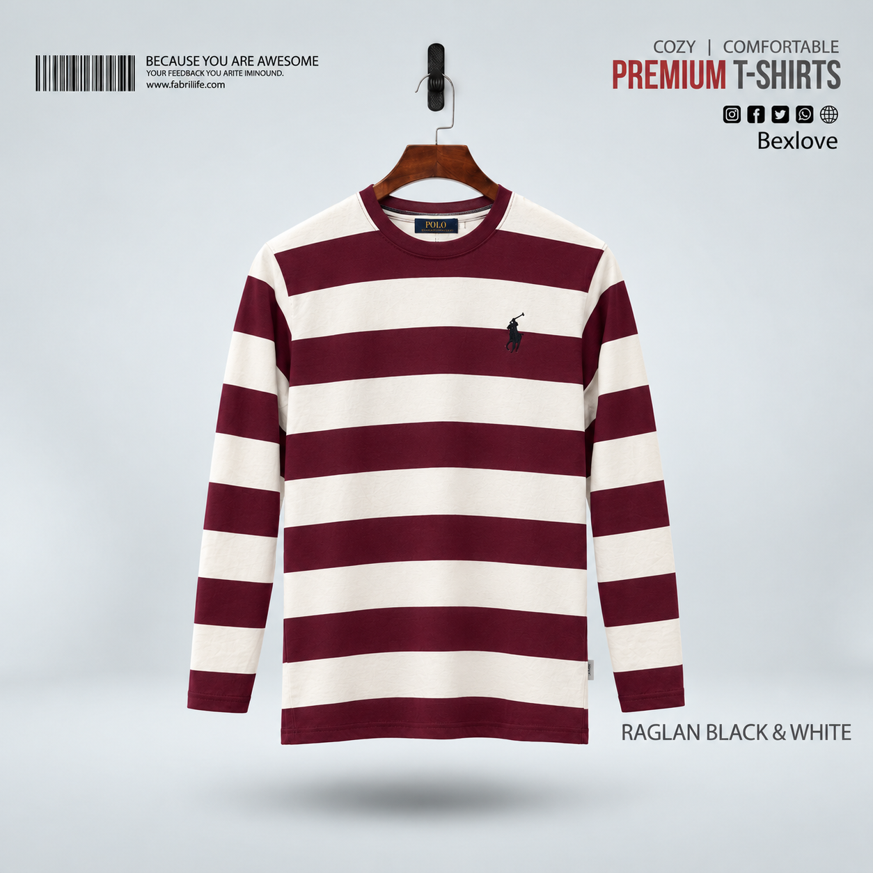 Bexlove Men's Premium Full Sleeve Striped T-Shirt - Maroon & Off-White