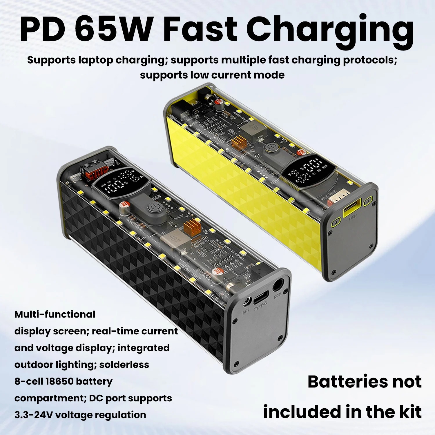 65W Super Fast Charging Transparent Power Bank Case Solderless 8pcs 18650 Battery with LED Light_img_3