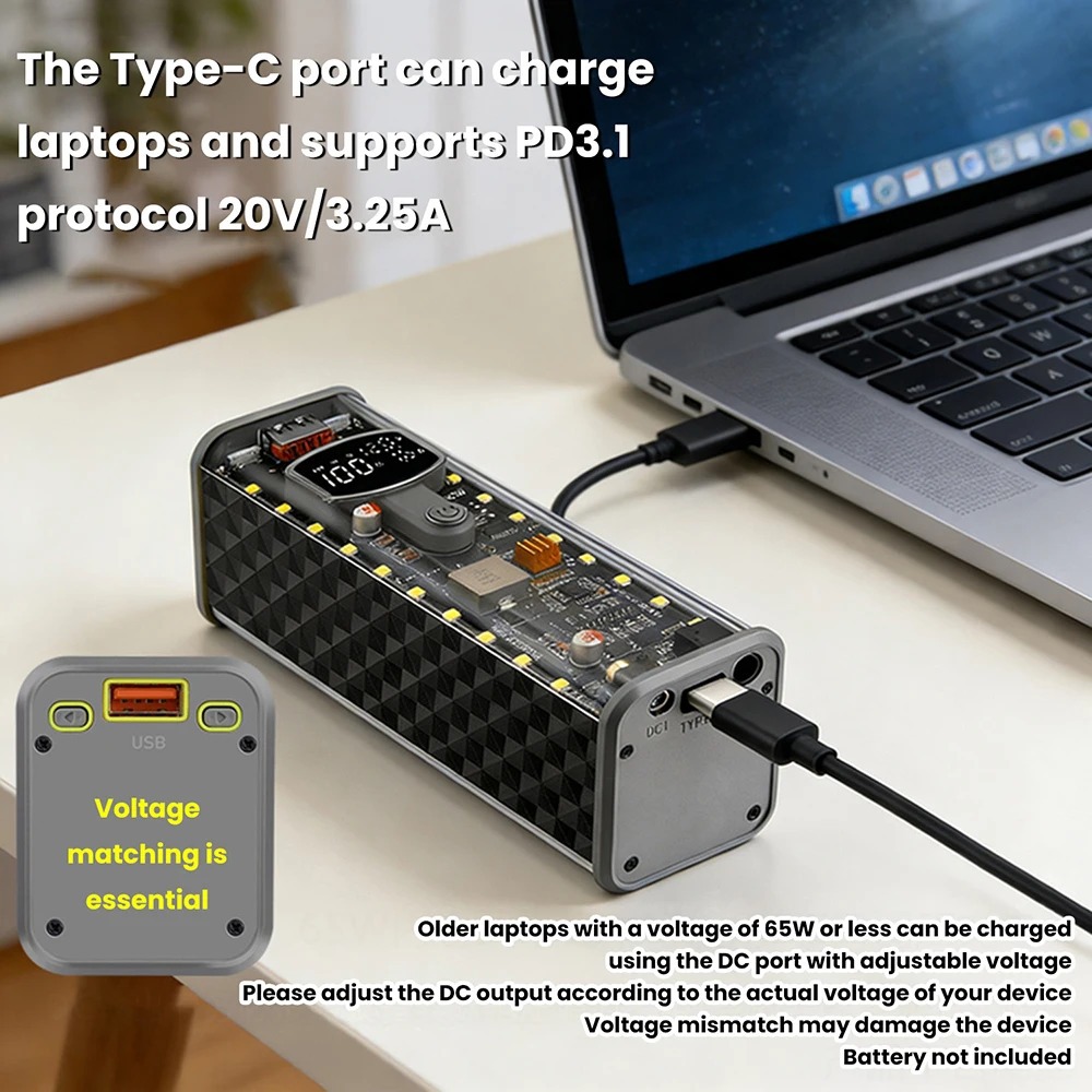 65W Super Fast Charging Transparent Power Bank Case Solderless 8pcs 18650 Battery with LED Light_img_8