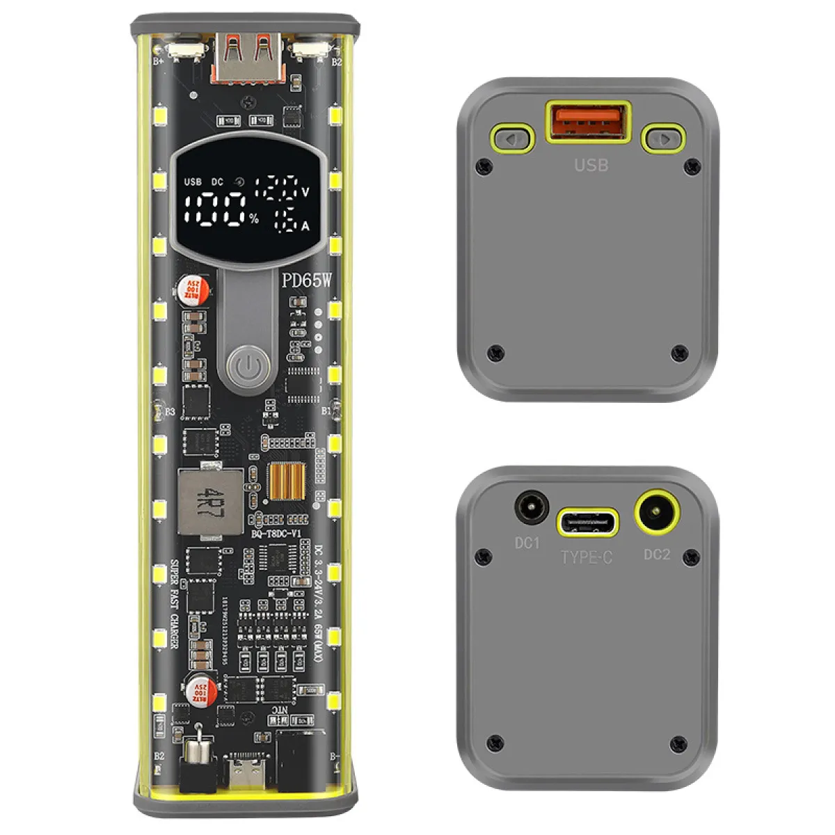 65W Super Fast Charging Transparent Power Bank Case Solderless 8pcs 18650 Battery with LED Light