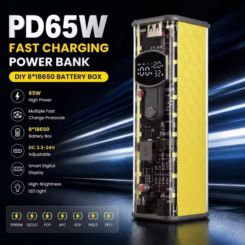 65W Super Fast Charging Transparent Power Bank Case Solderless 8pcs 18650 Battery with LED Light_img_0