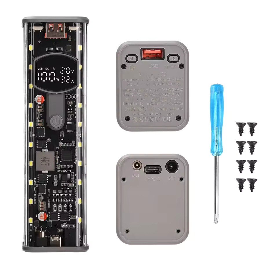 65W Super Fast Charging Transparent Power Bank Case Solderless 8pcs 18650 Battery with LED Light_img_4