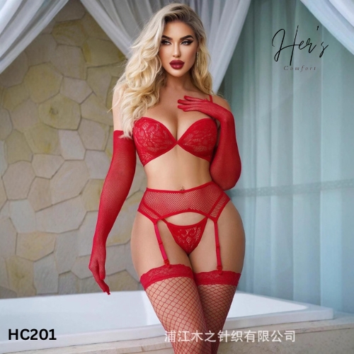 Bold Red Fishnet Bikini & Stockings
