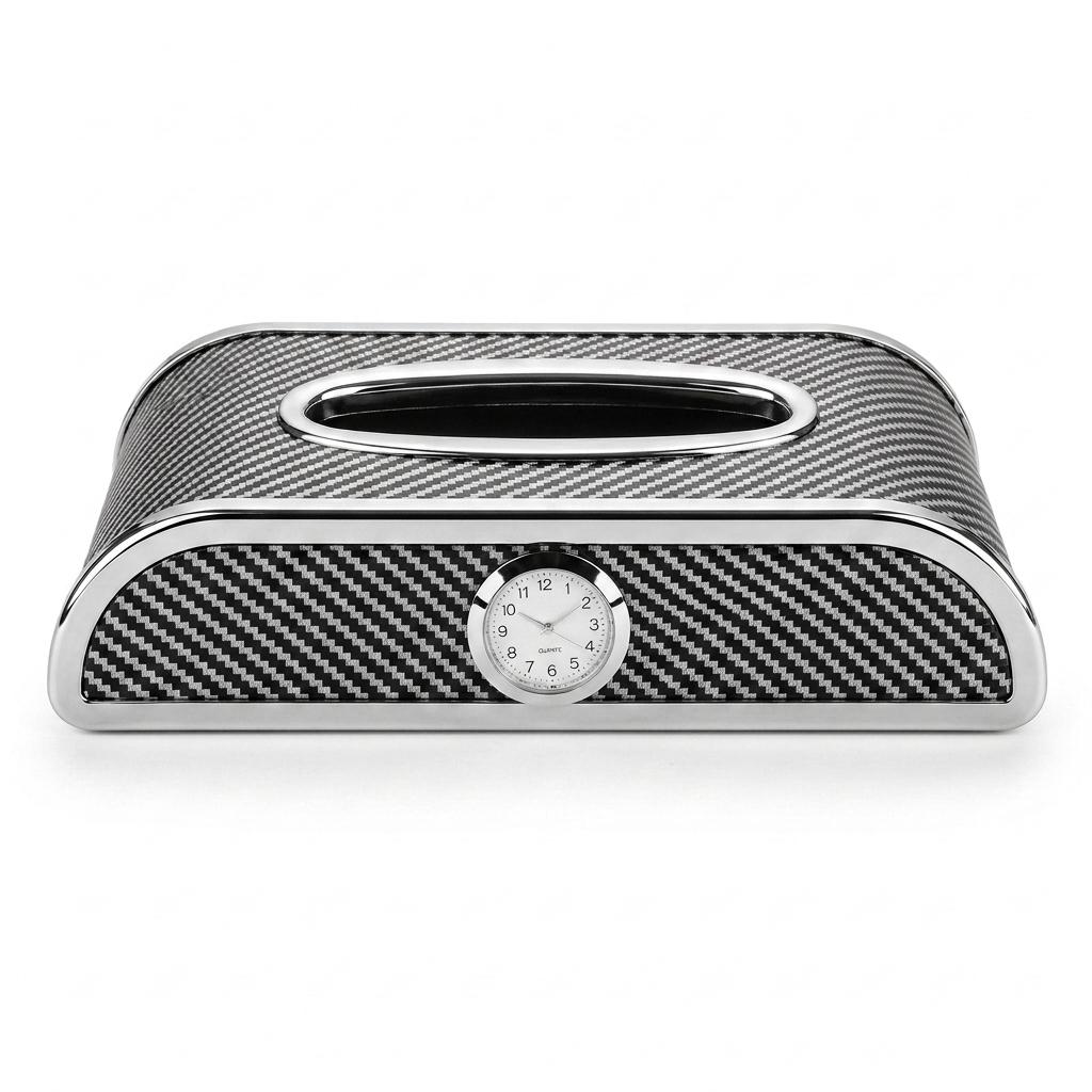 Car Carbon Fiber Tissue Box With Clock