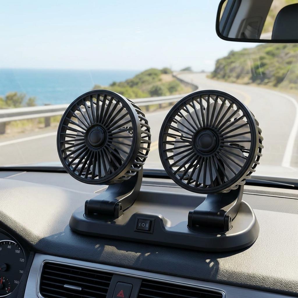 Premium 12V Dual Head Car Cooling Fan With Integrated Rear Parking Phone Number Display_img_1