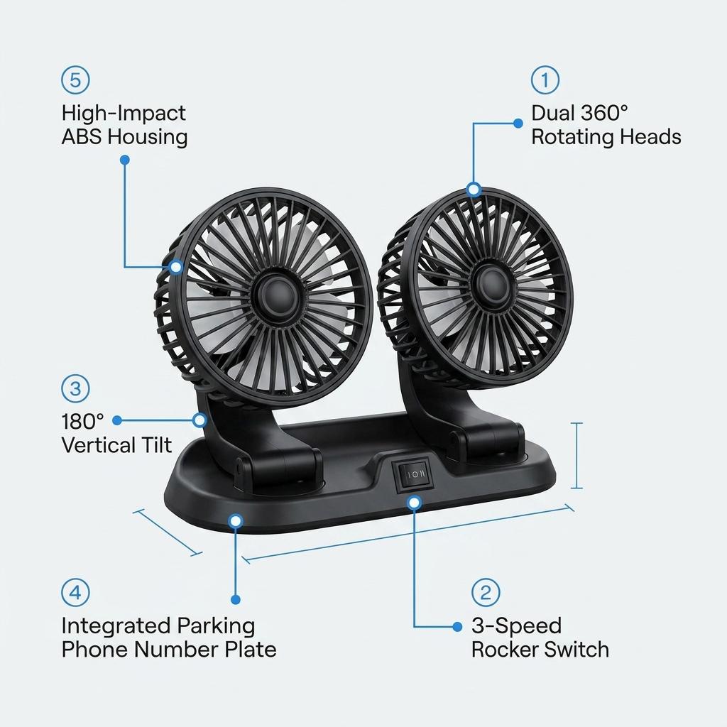Premium 12V Dual Head Car Cooling Fan With Integrated Rear Parking Phone Number Display_img_3