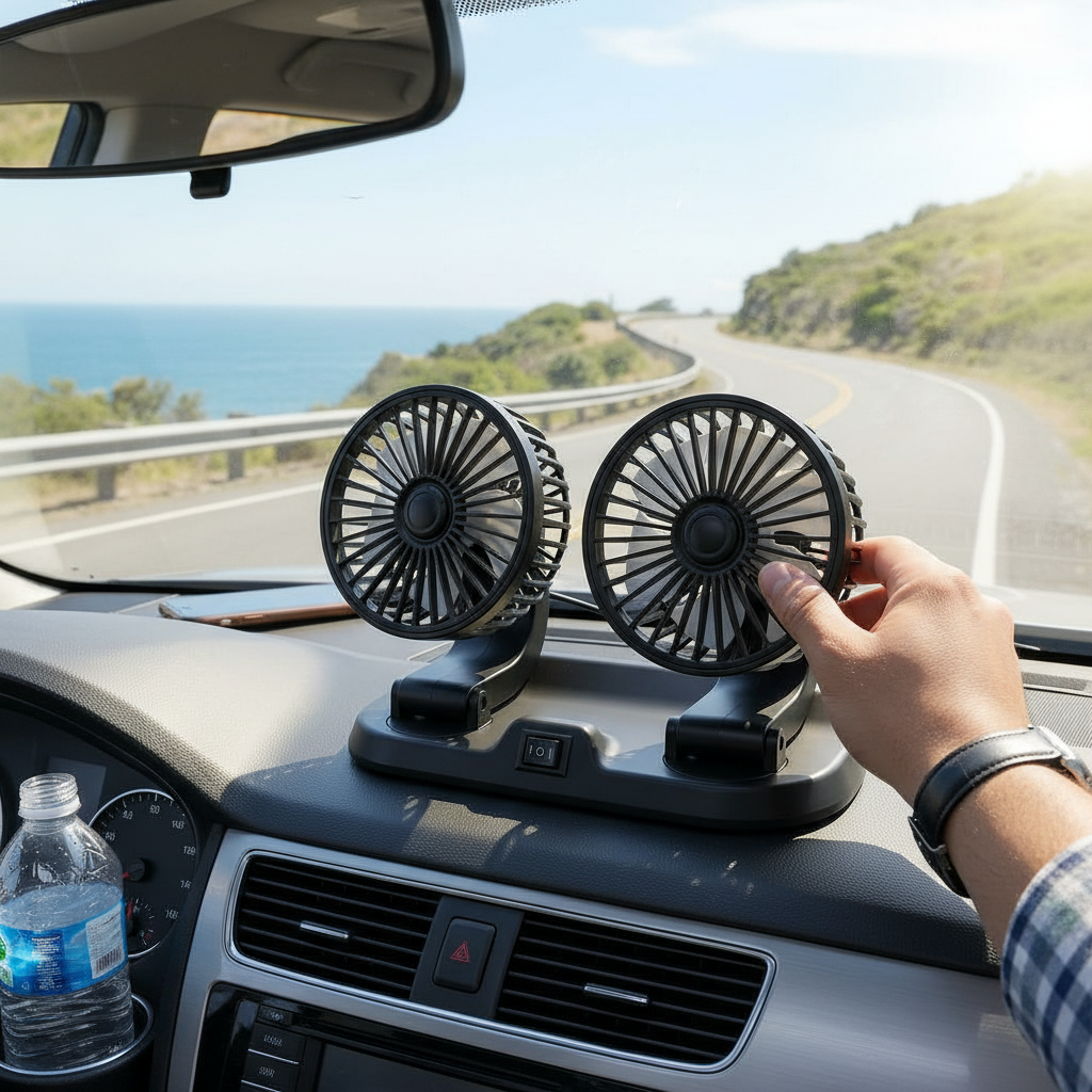 Premium 12V Dual Head Car Cooling Fan With Integrated Rear Parking Phone Number Display_img_5