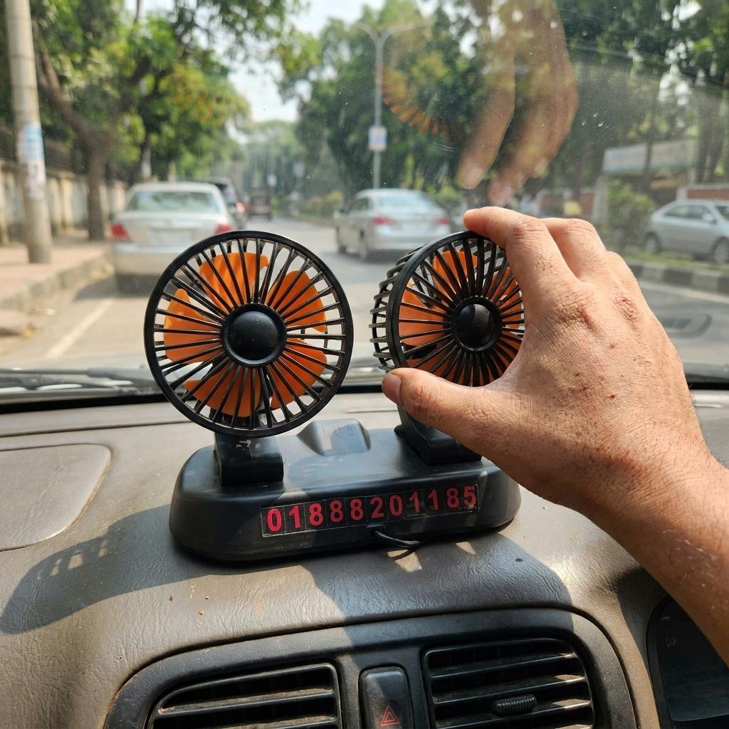 Premium 12V Dual Head Car Cooling Fan With Integrated Rear Parking Phone Number Display_img_2