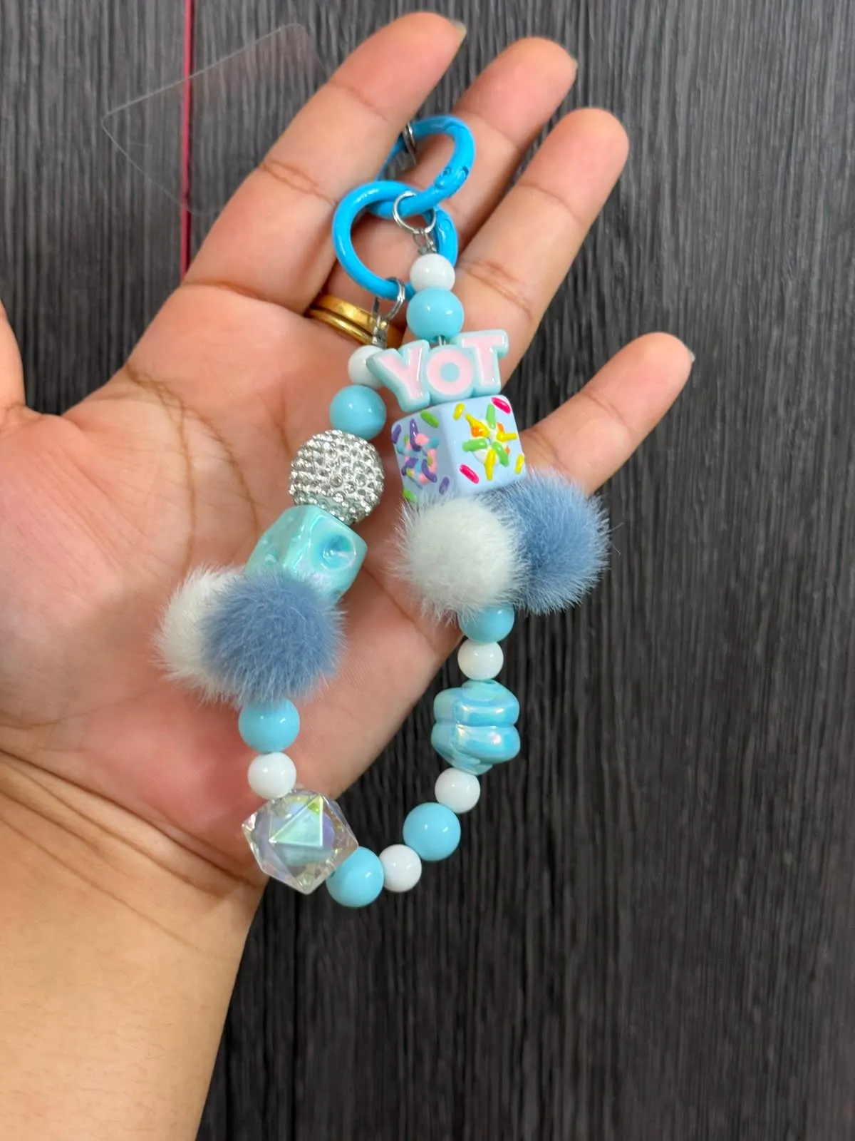 Dessert Faux Fur Beaded Phone Charm Wrist Strap (Sky Blue)
