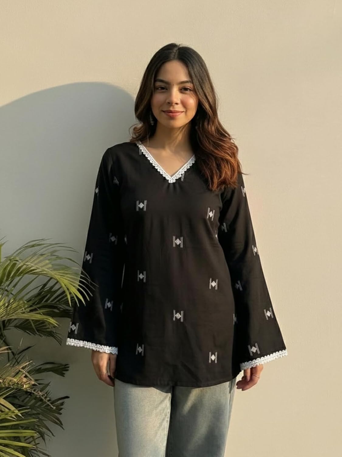 Women's Cotton Kurti Floral Print, V-Neck, 3/4 Sleeves, Casual Wear| thumbnail 3
