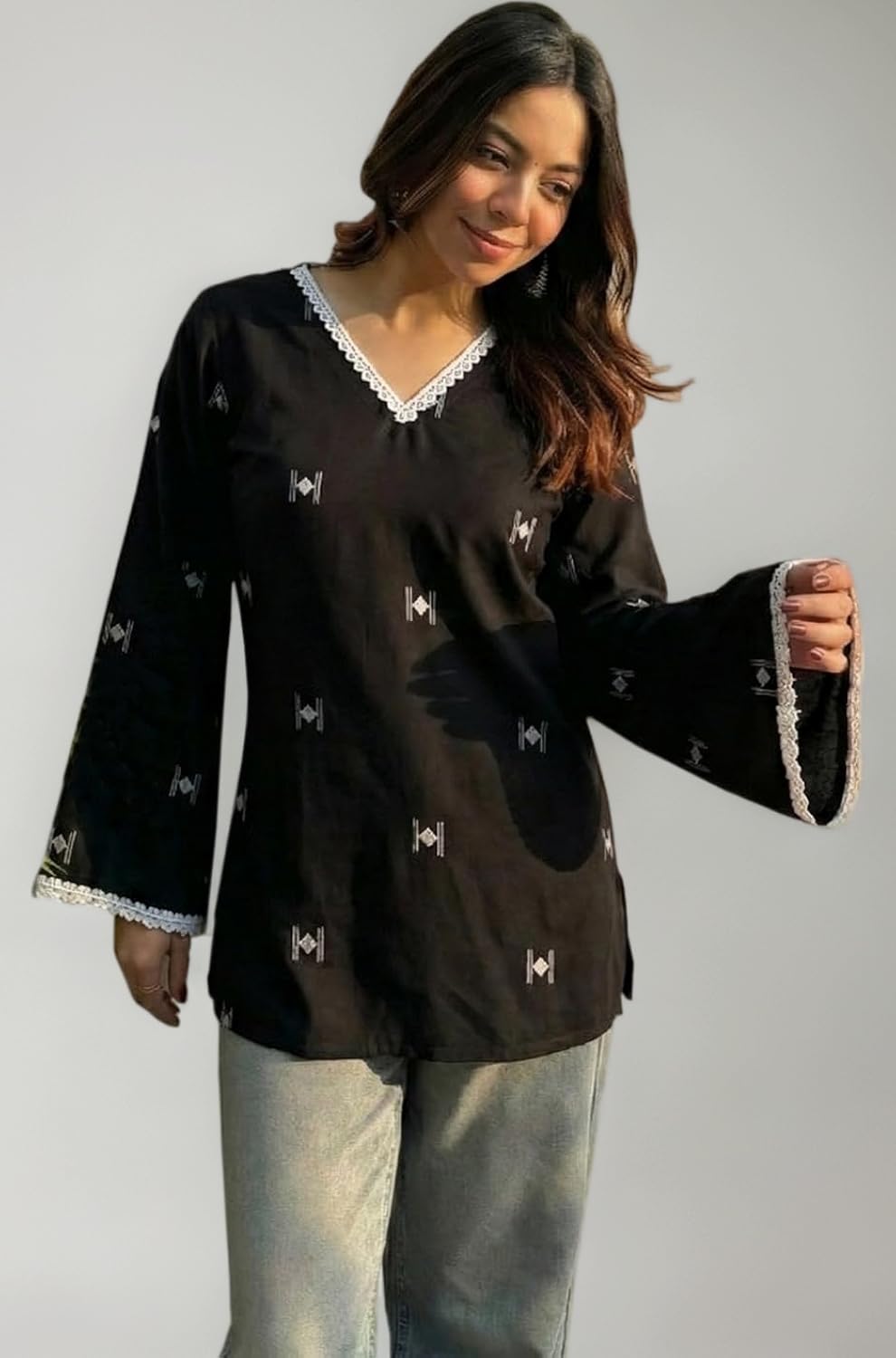 Women's Cotton Kurti Floral Print, V-Neck, 3/4 Sleeves, Casual Wear| thumbnail 5