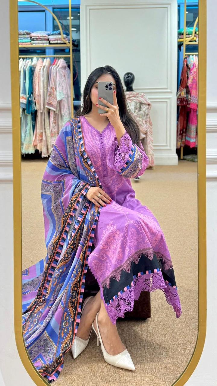 Royal Lavender Digital Print Dubai Silk 3-Piece Set thumbnail 6