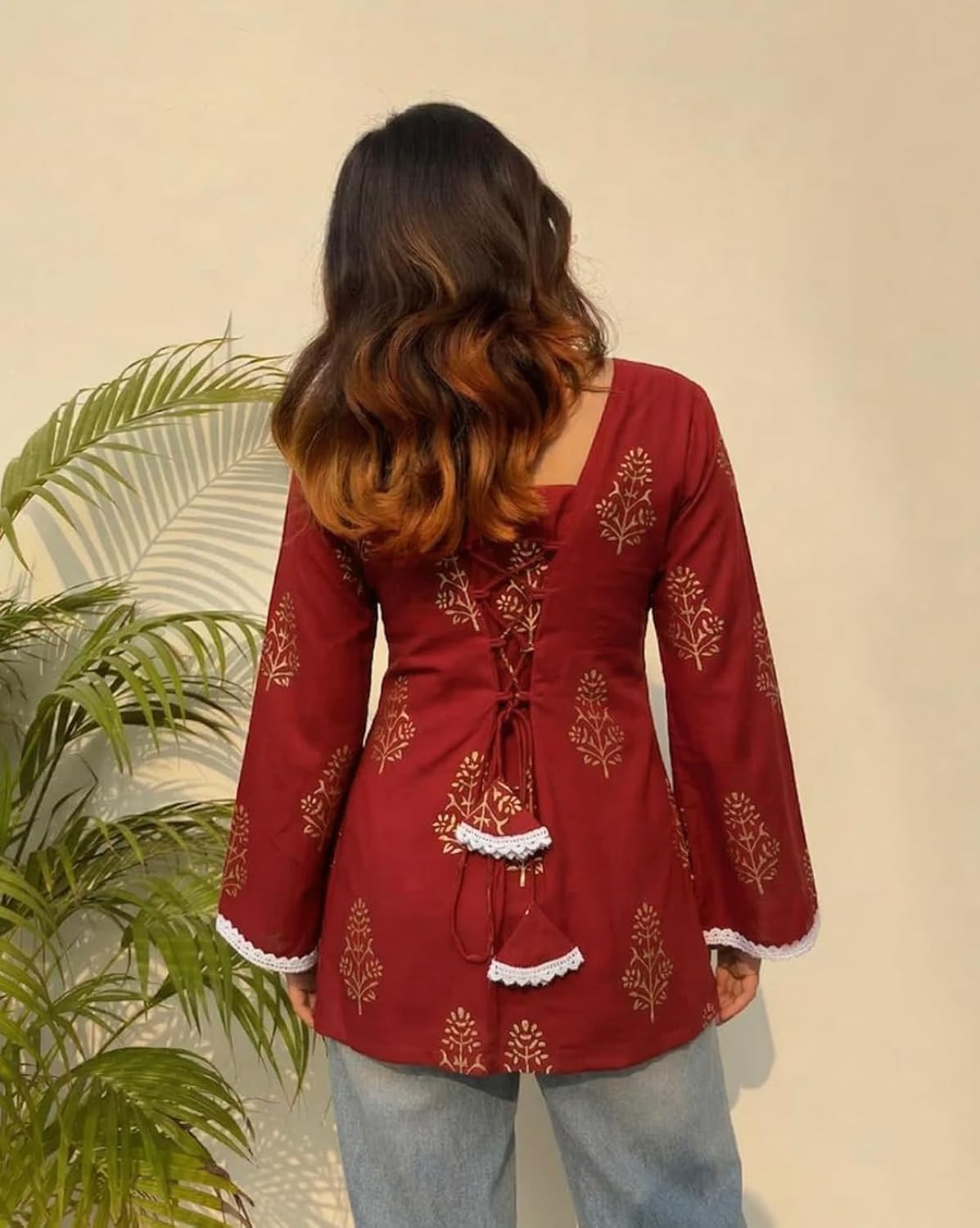 Women's Cotton Kurti Floral Print, V-Neck, 3/4 Sleeves, Casual Wear| thumbnail 4