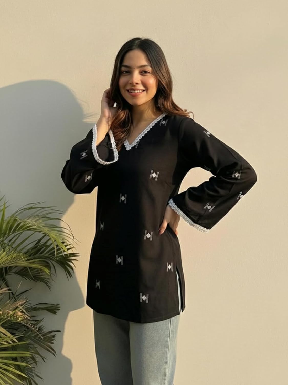 Women's Cotton Kurti Floral Print, V-Neck, 3/4 Sleeves, Casual Wear|