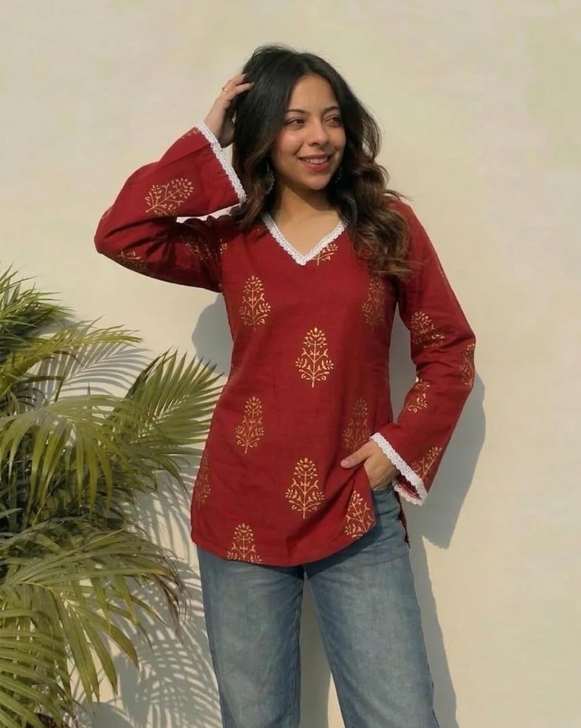 Women's Cotton Kurti Floral Print, V-Neck, 3/4 Sleeves, Casual Wear| thumbnail 2