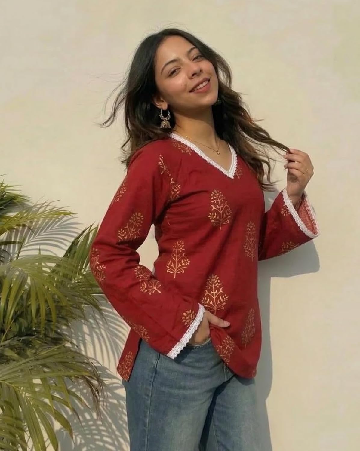 Women's Cotton Kurti Floral Print, V-Neck, 3/4 Sleeves, Casual Wear| thumbnail 3