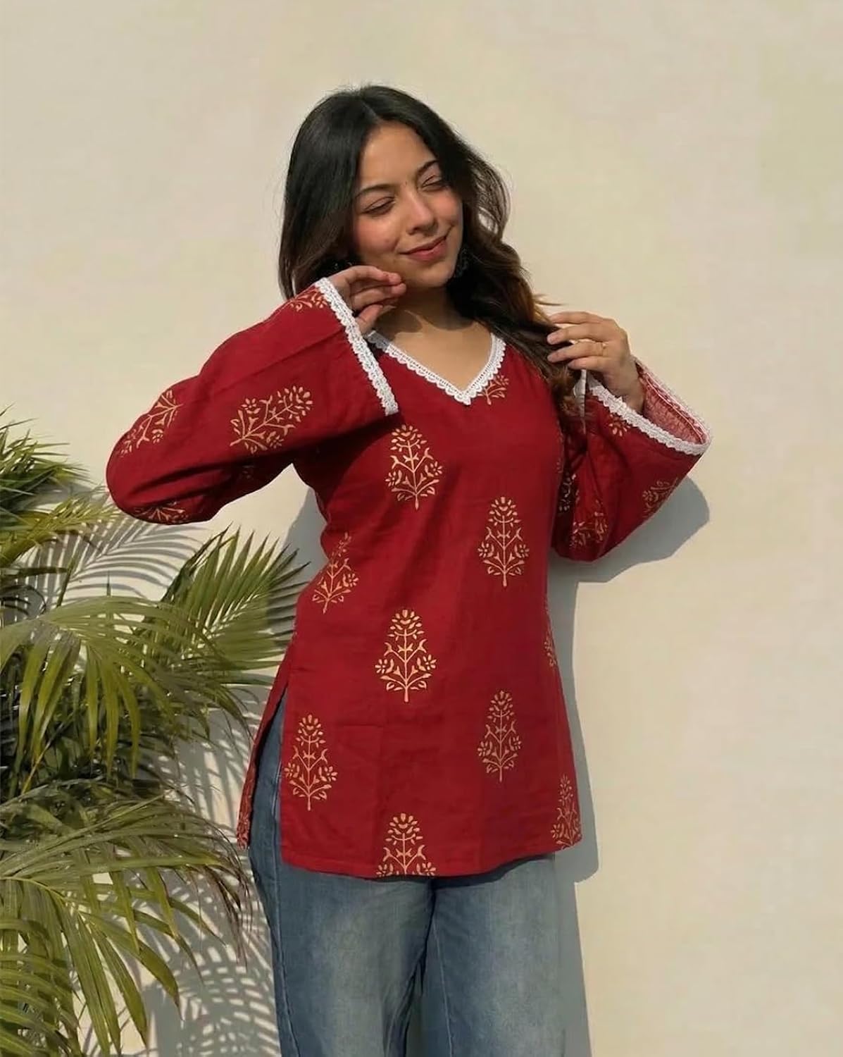 Women's Cotton Kurti Floral Print, V-Neck, 3/4 Sleeves, Casual Wear|