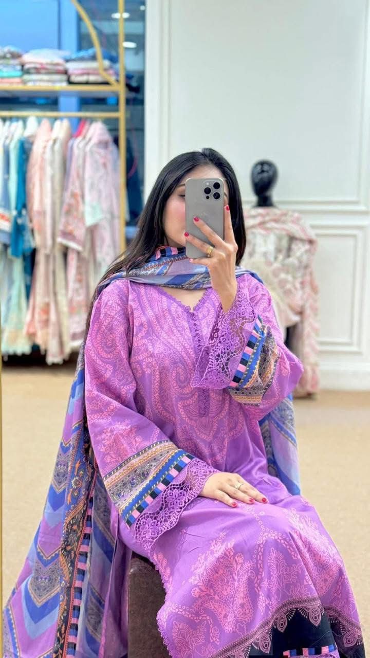 Royal Lavender Digital Print Dubai Silk 3-Piece Set thumbnail 2