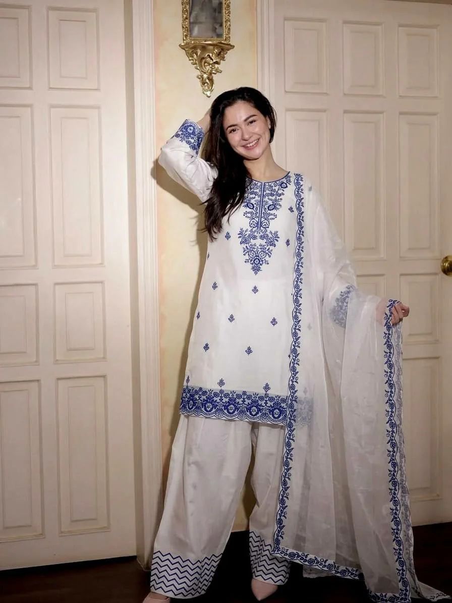 Hania amir Rayon Cotton Embroidered Kurti with Farshi Pant & GMY Silk Dupatta Set thumbnail 8