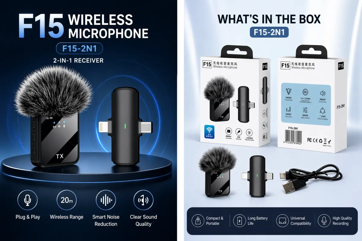 F15-2-in-1 Wireless Collar Microphone for iPhone & Android - Image 2