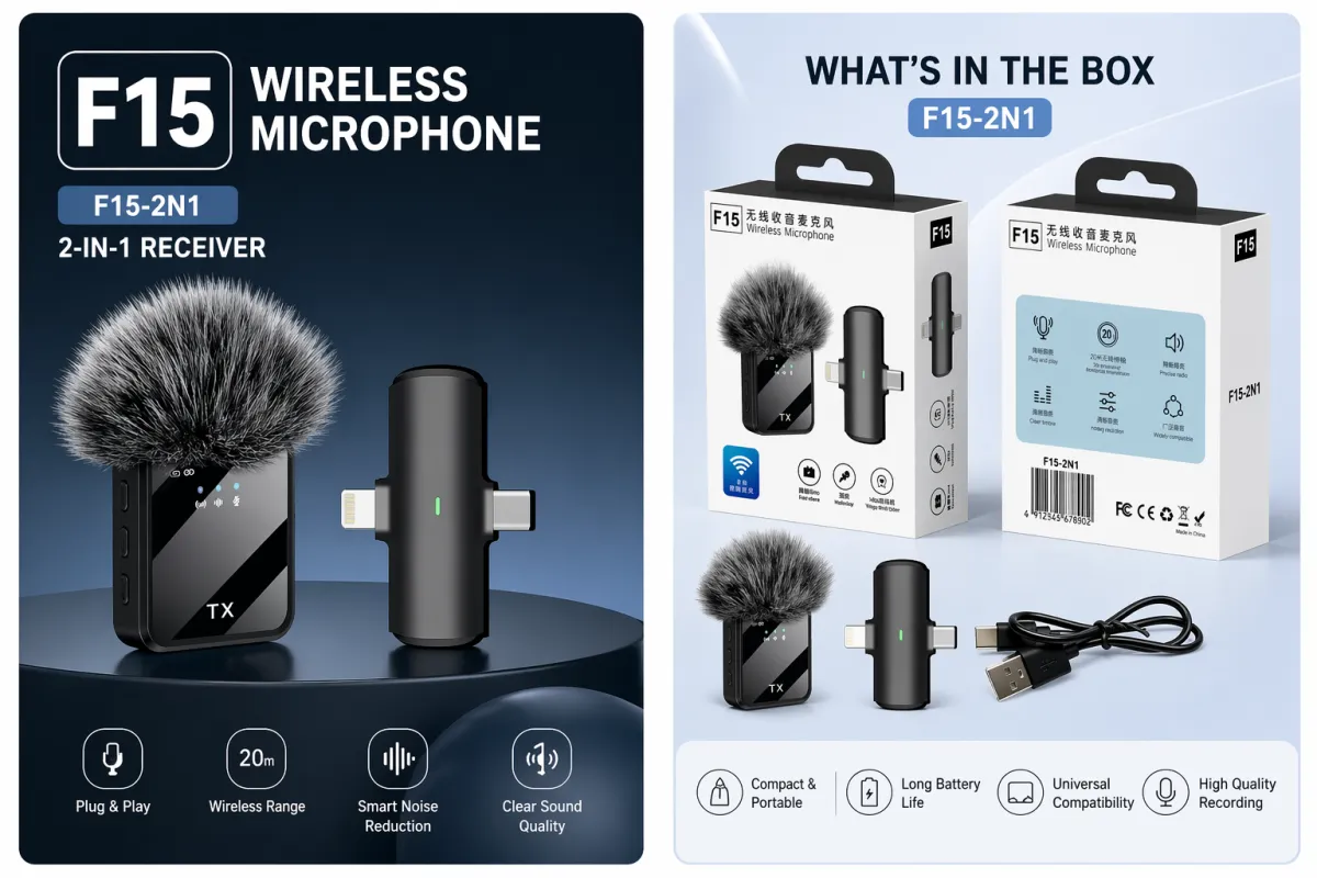 F15-2-in-1 Wireless Collar Microphone for iPhone & Android - Image 1