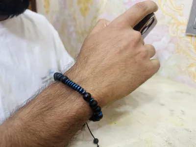 Matte Black Onyx and Blue Hematite Bead Bracelet