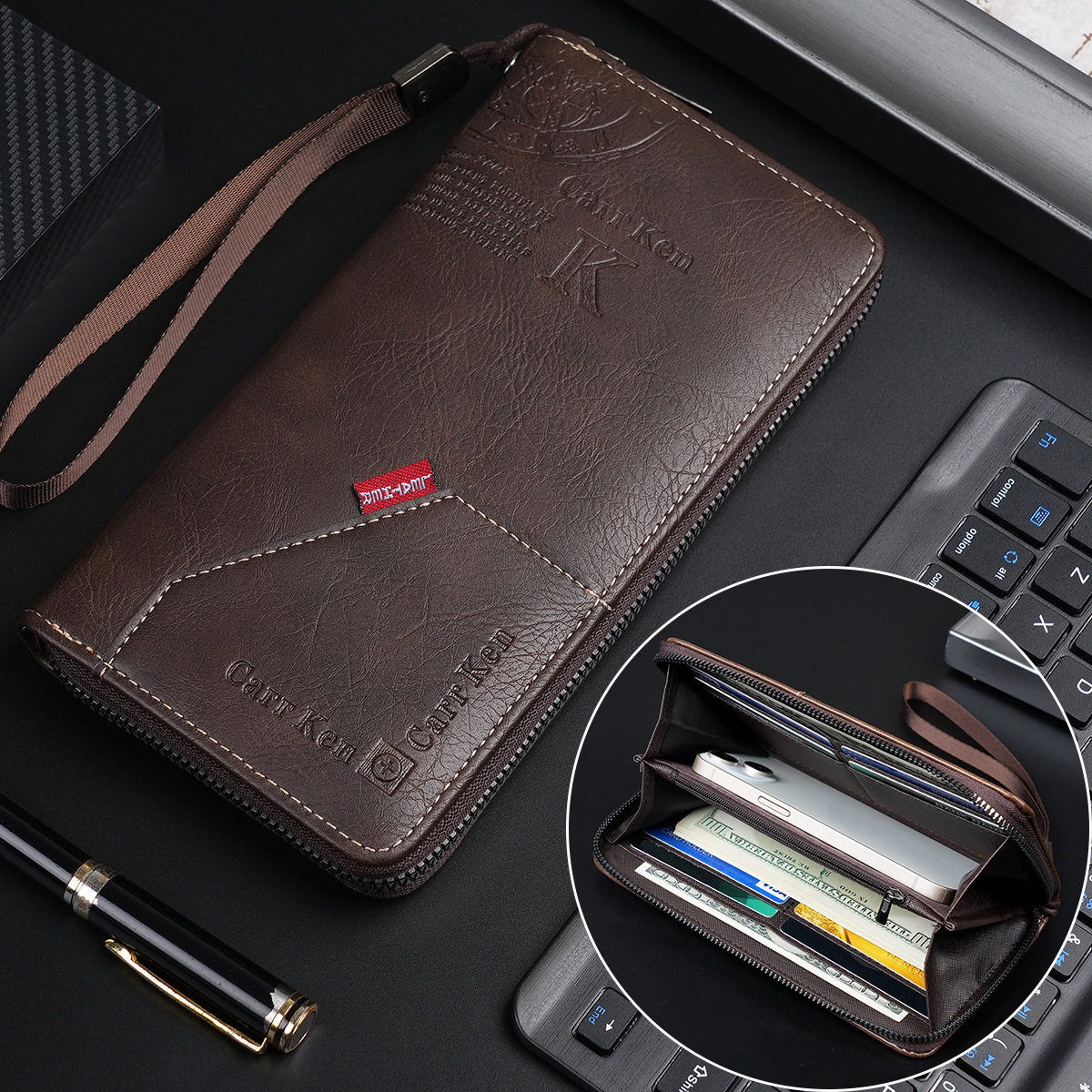 2024 men's retro letter embossed long wallet multi-function stitching mobile phone wallet large capacity wrist bag