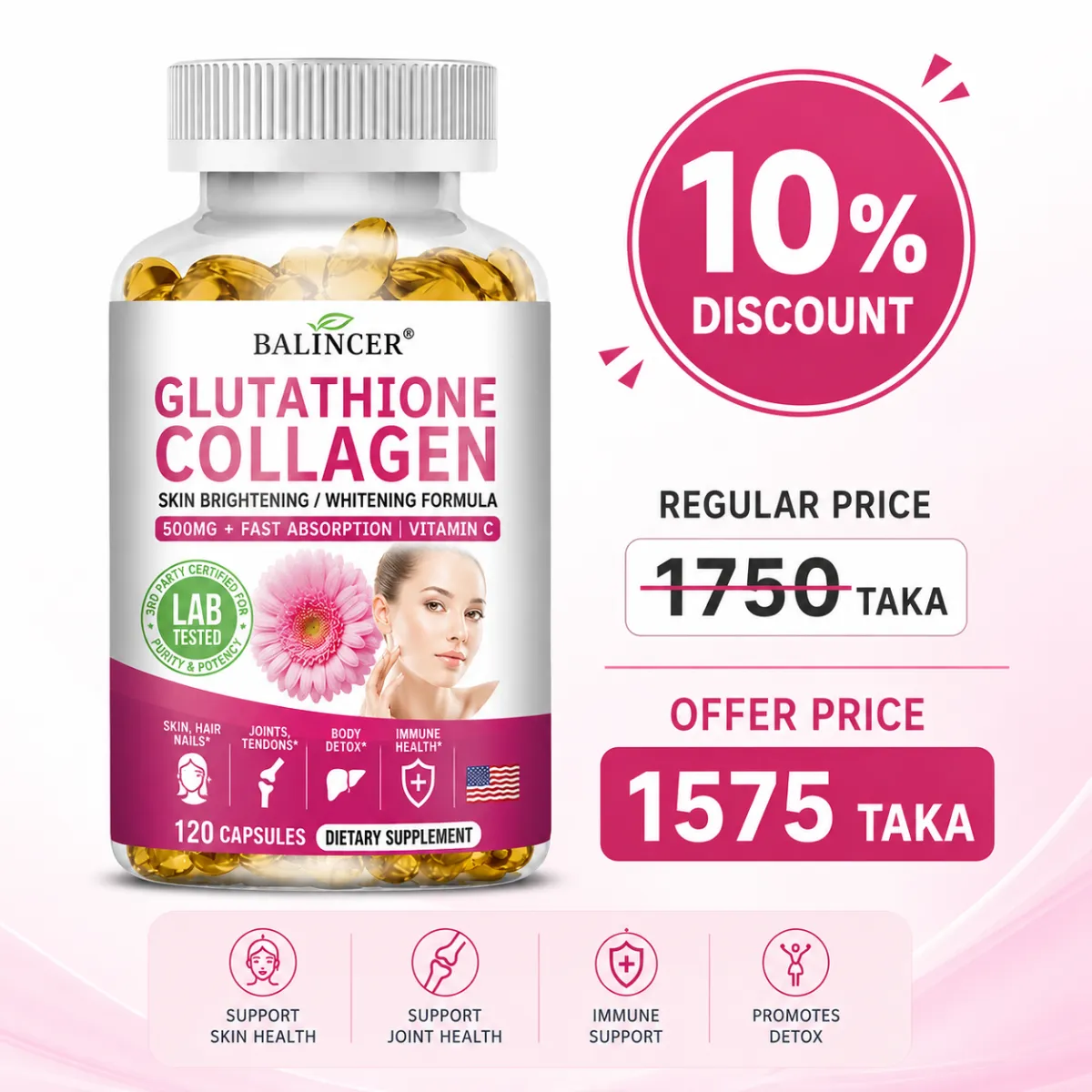 Balincer 500mg glutathione + collagen whitening supplement.