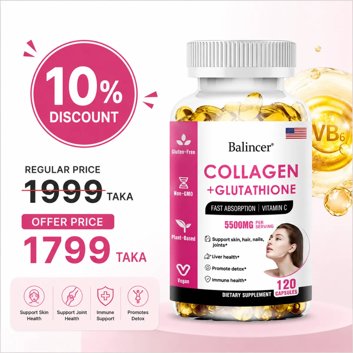 Balincer 5500mg collagen+glutathione whitening supplement.