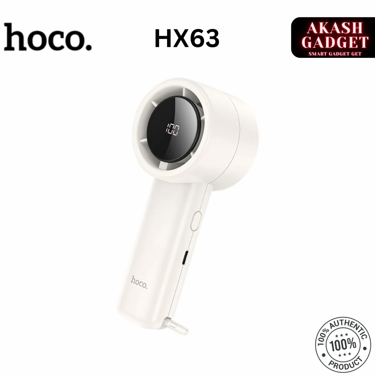 Hoco HX63 Rechargeable Portable Handheld Fan with Digital Display – 2000mAh, 5 Speeds