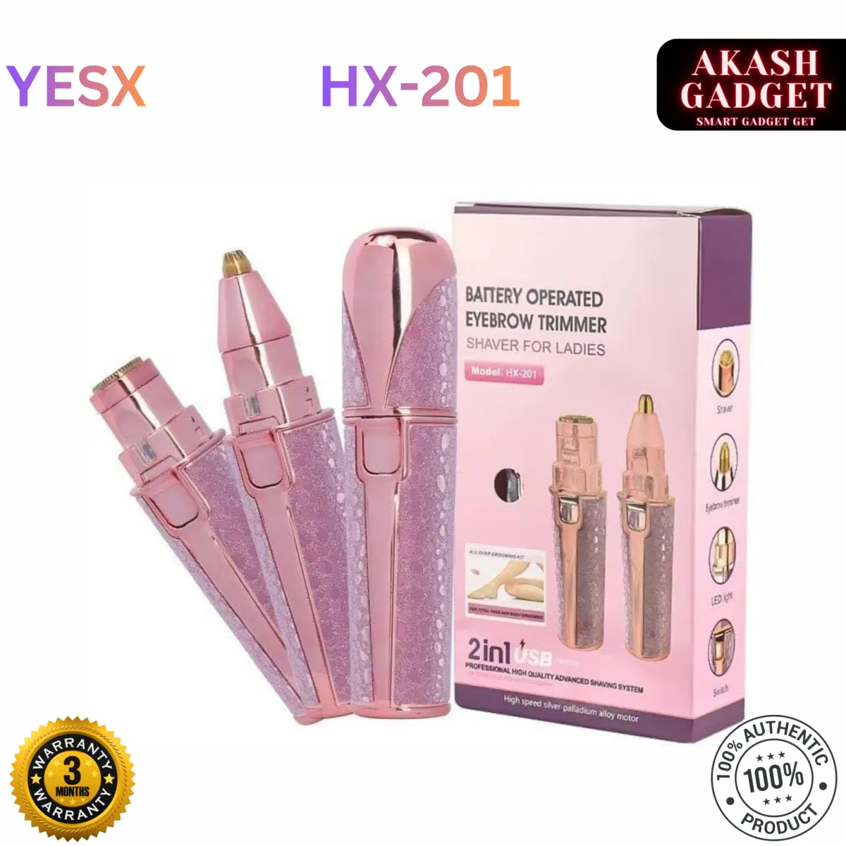 YESX HX-201 2-in-1 Battery-Operated Eyebrow Trimmer and Facial Hair Remover for Ladies