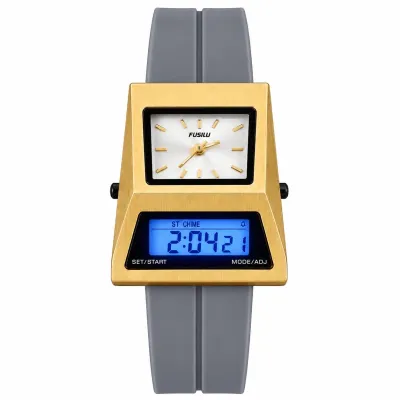 FUSILI RETRO DUAL DISPLAY TRAPEZOID DIGITAL-ANALOG WATCH GOLDEN CASE WHITE DIAL_img_1