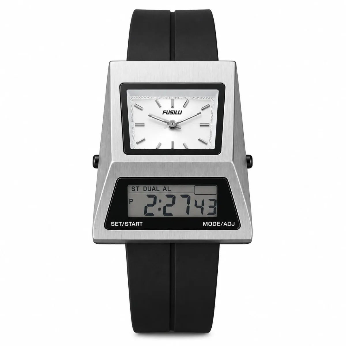 FUSILI RETRO DUAL DISPLAY TRAPEZOID DIGITAL-ANALOG WATCH SILVER CASE WHITE DIAL