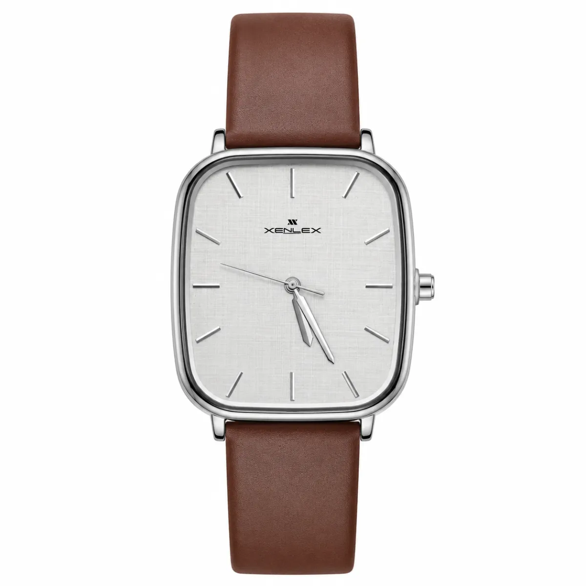 XENLEX MINIMALIST SILVER LINEN DIAL LEATHER STRAP WATCH