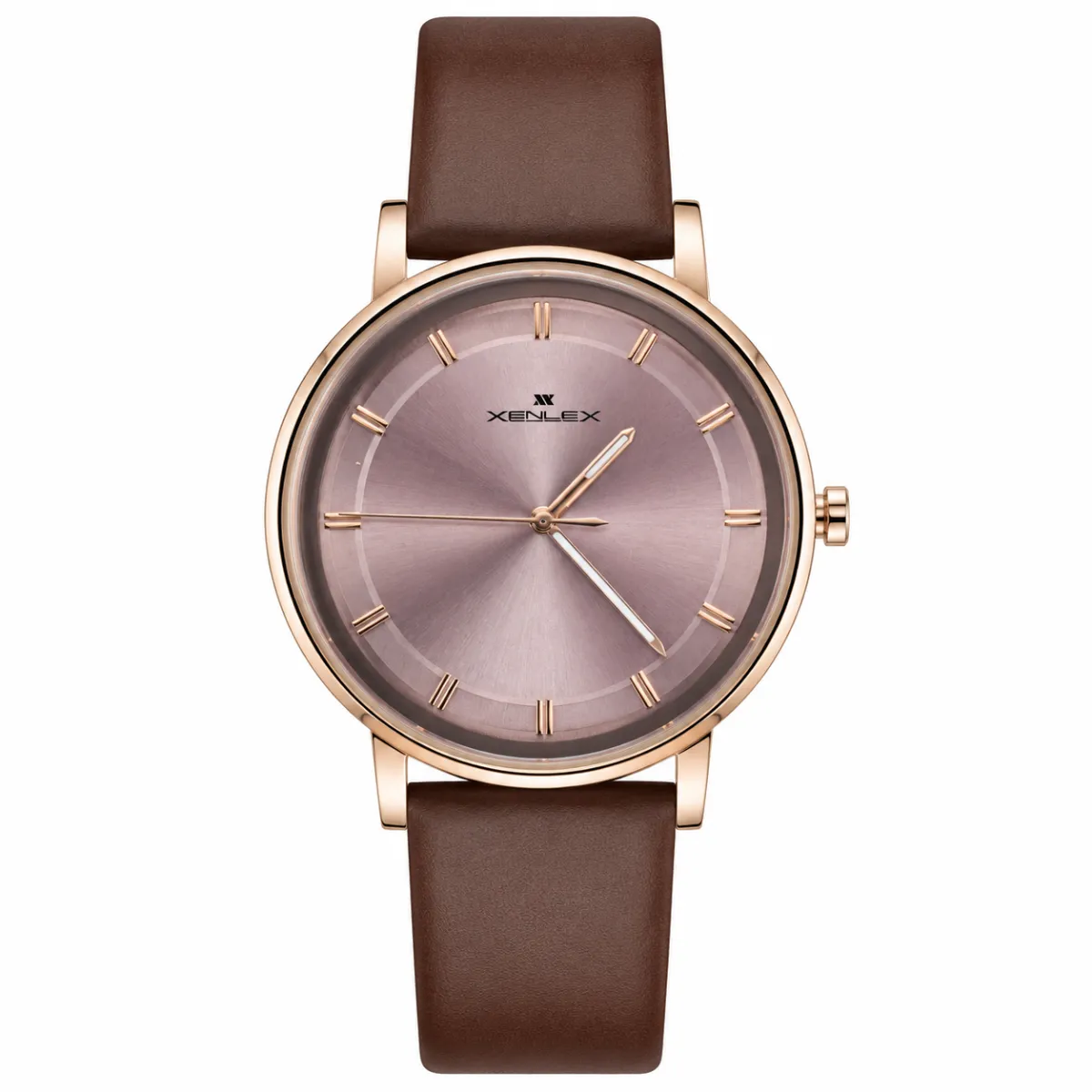 XENLEX MINIMALIST PINK SUNBURST DIAL BLACK LEATHER STRAP WATCH