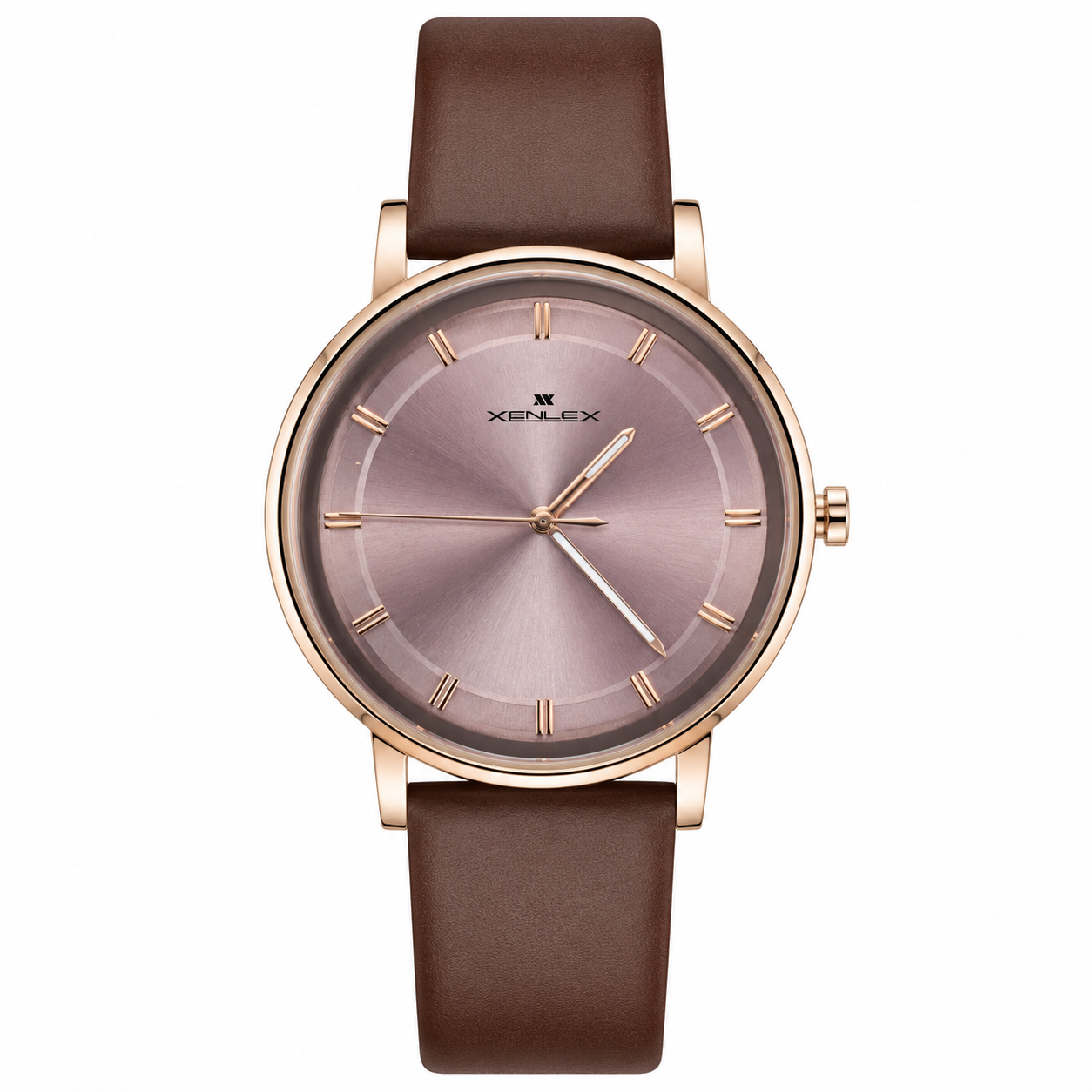 XENLEX MINIMALIST PINK SUNBURST DIAL BLACK LEATHER STRAP WATCH