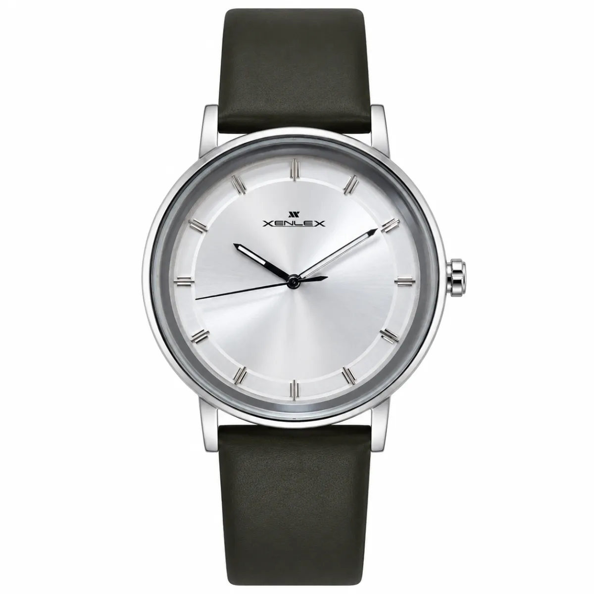 XENLEX MINIMALIST WHITE DIAL OLIVE LEATHER STRAP WATCH