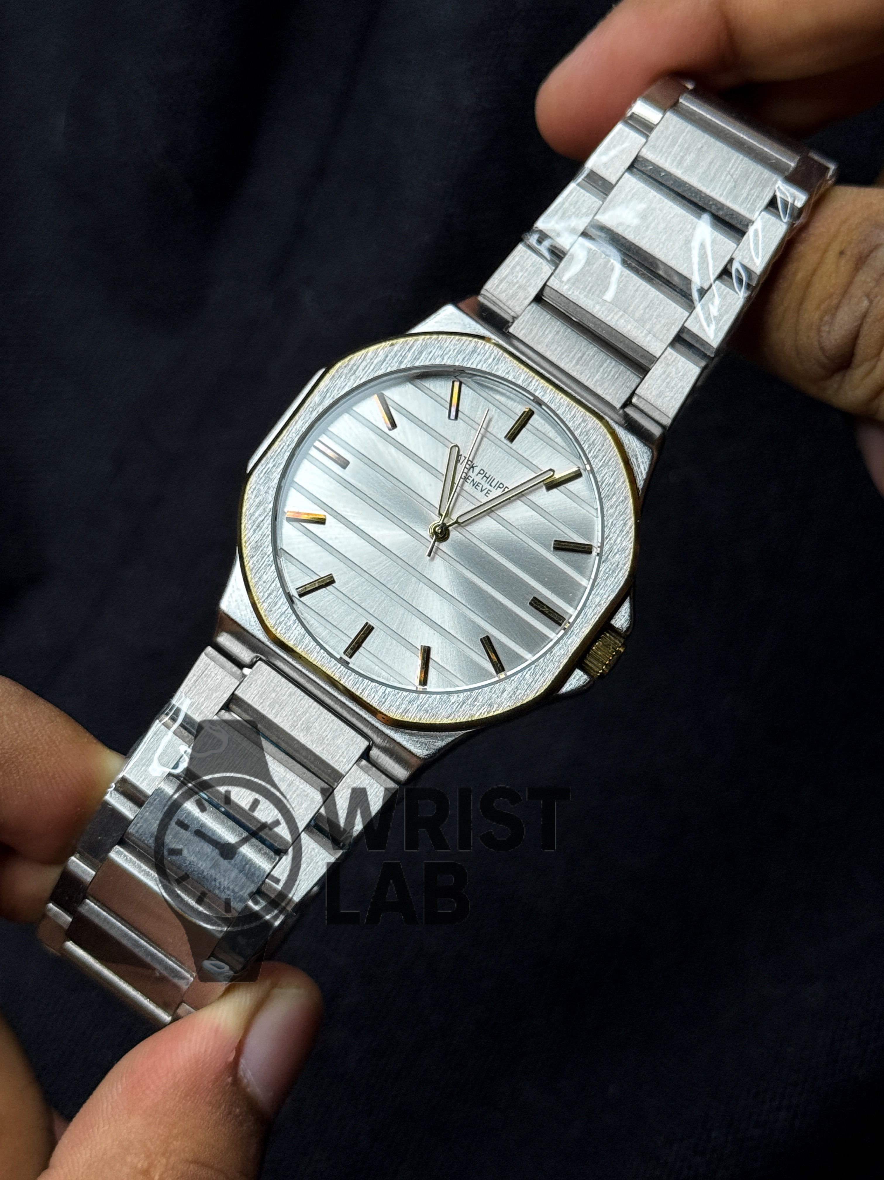 PATEK PHILIPPE MIDNIGHT RIBBED STEEL-LINK TWO TONE WHITE DIAL SILVER CHAIN_img_3
