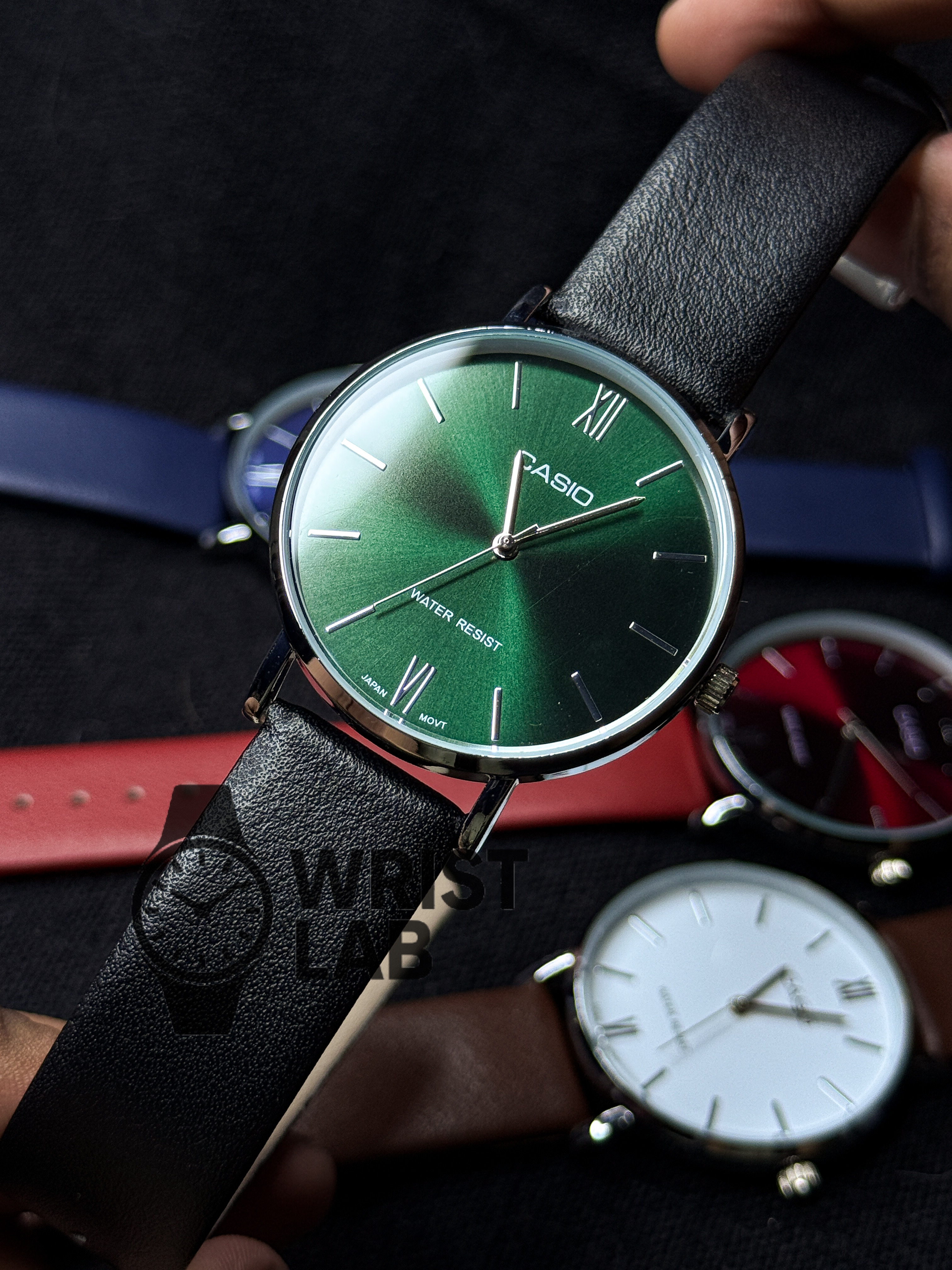 CASIO REGENT LINEAR BLACK BELT SILVER CASE GREEN DIAL_img_0
