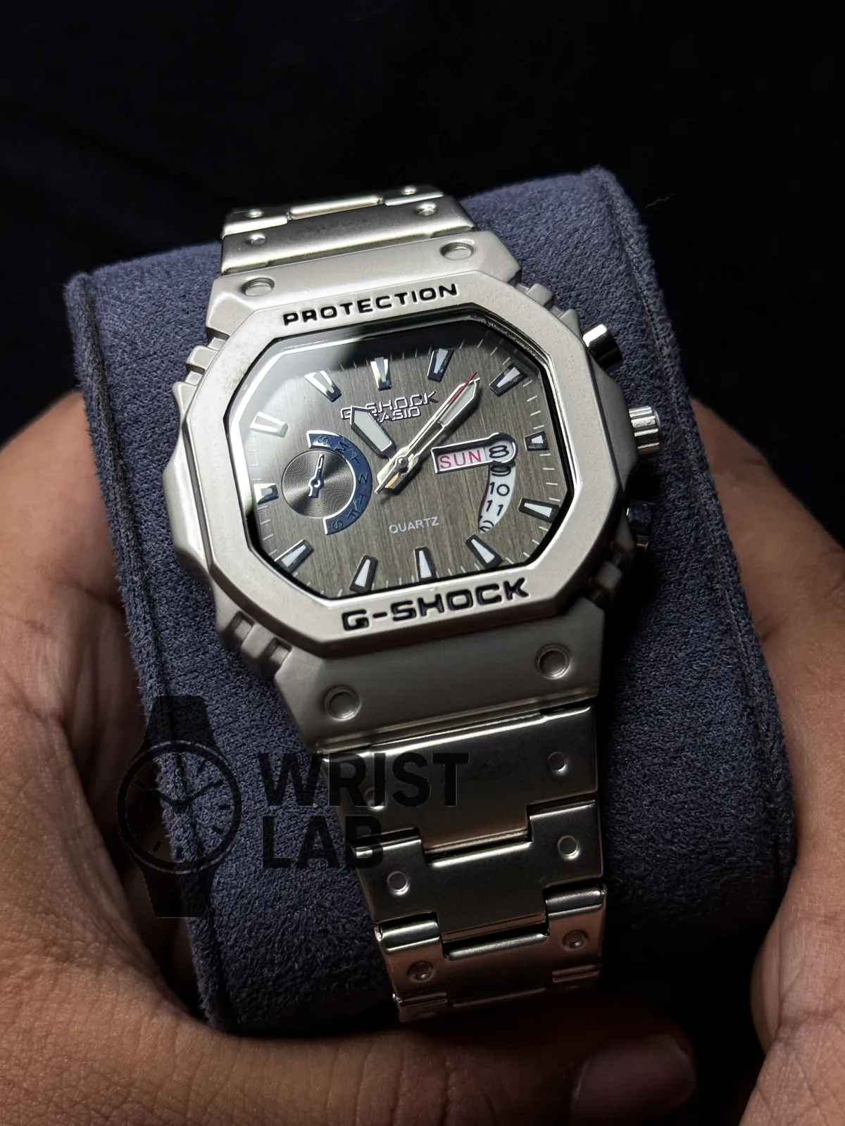 GSHOCK SQUARE CASE BLACK DIAL SILVER CHAIN