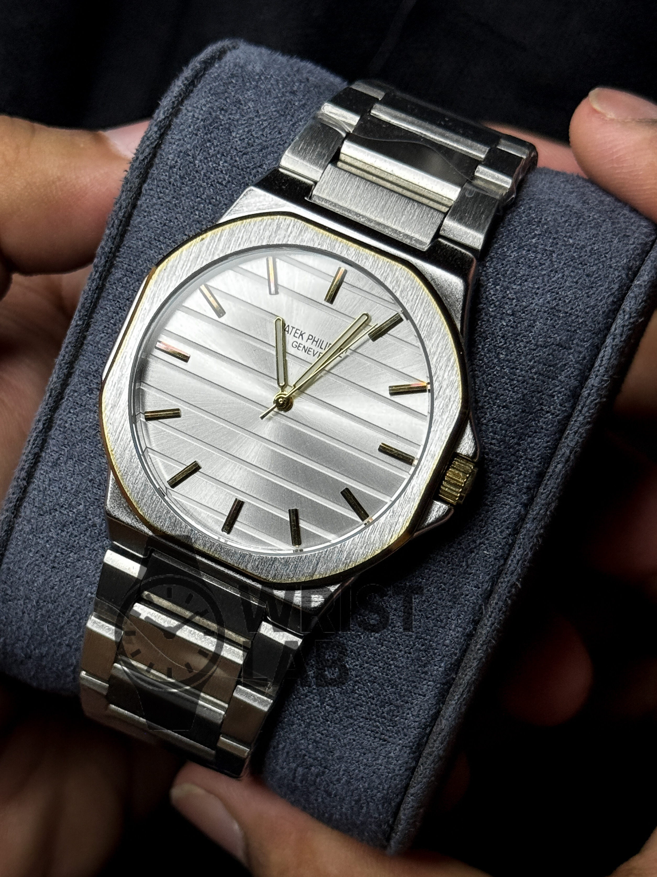 PATEK PHILIPPE MIDNIGHT RIBBED STEEL-LINK TWO TONE WHITE DIAL SILVER CHAIN_img_0