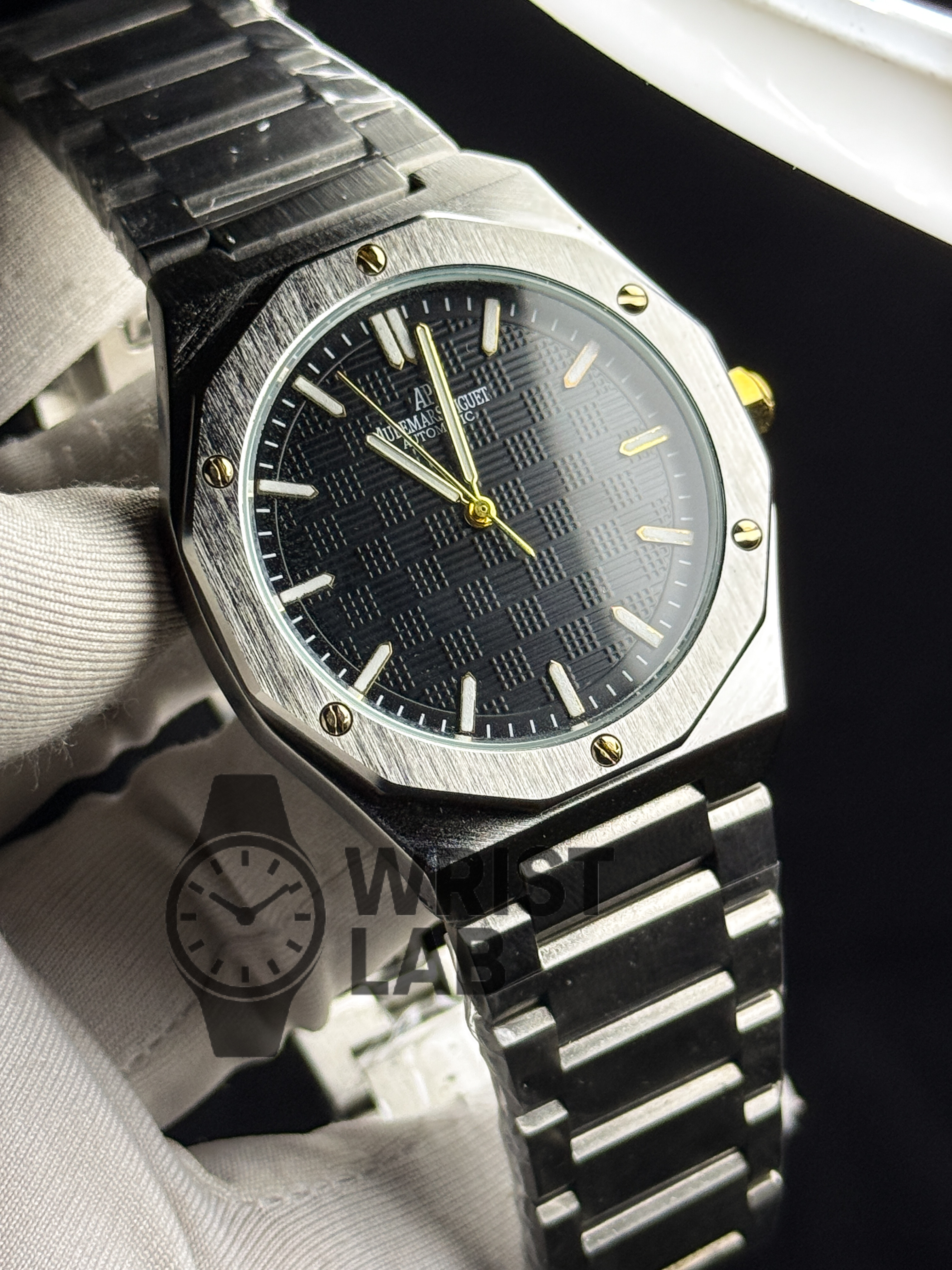 AP ROYAL AZURE OCTA-LINK TWO TONE BLACK DIAL SILVER CHAIN_img_1