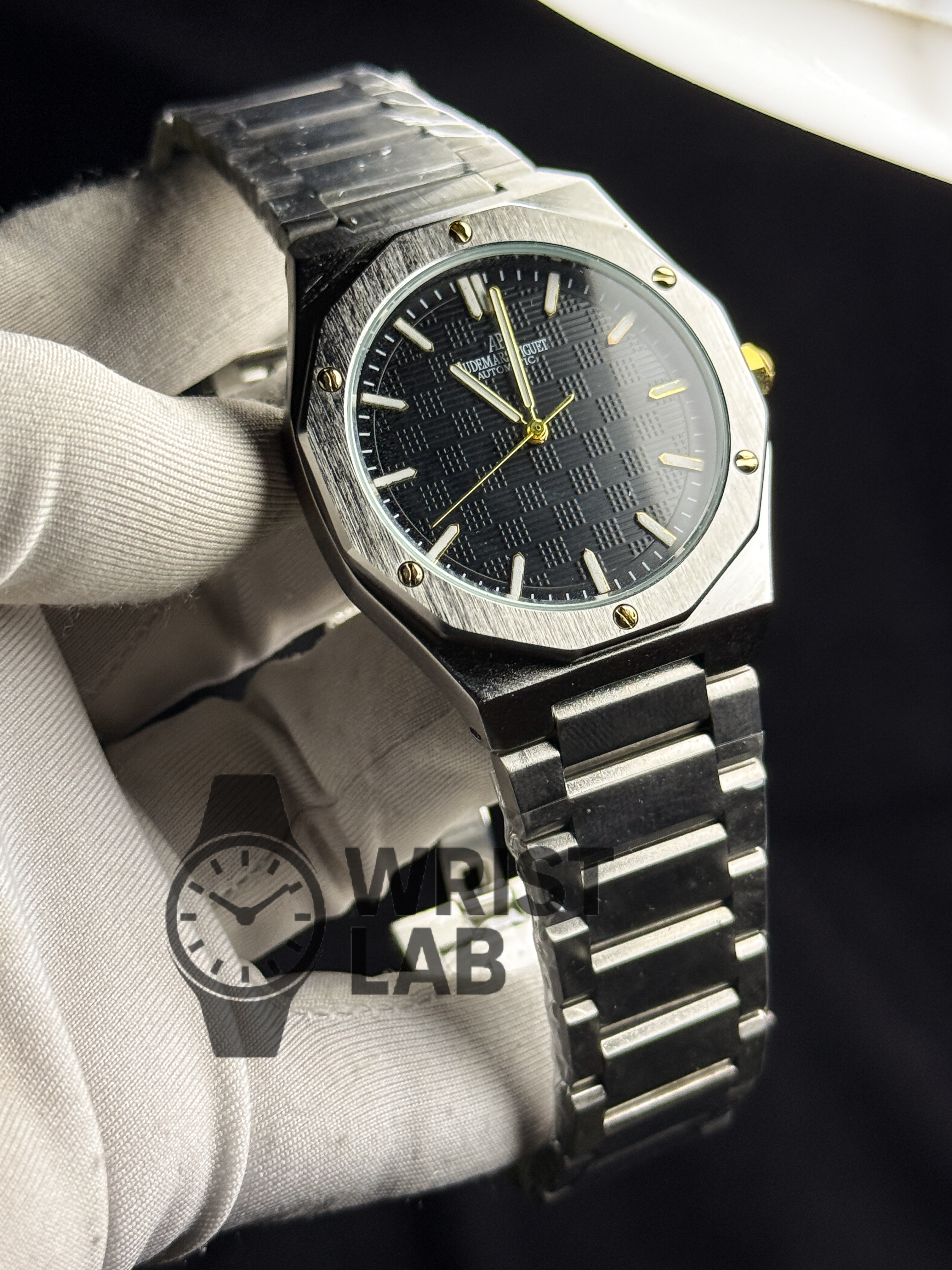 AP ROYAL AZURE OCTA-LINK TWO TONE BLACK DIAL SILVER CHAIN_img_0