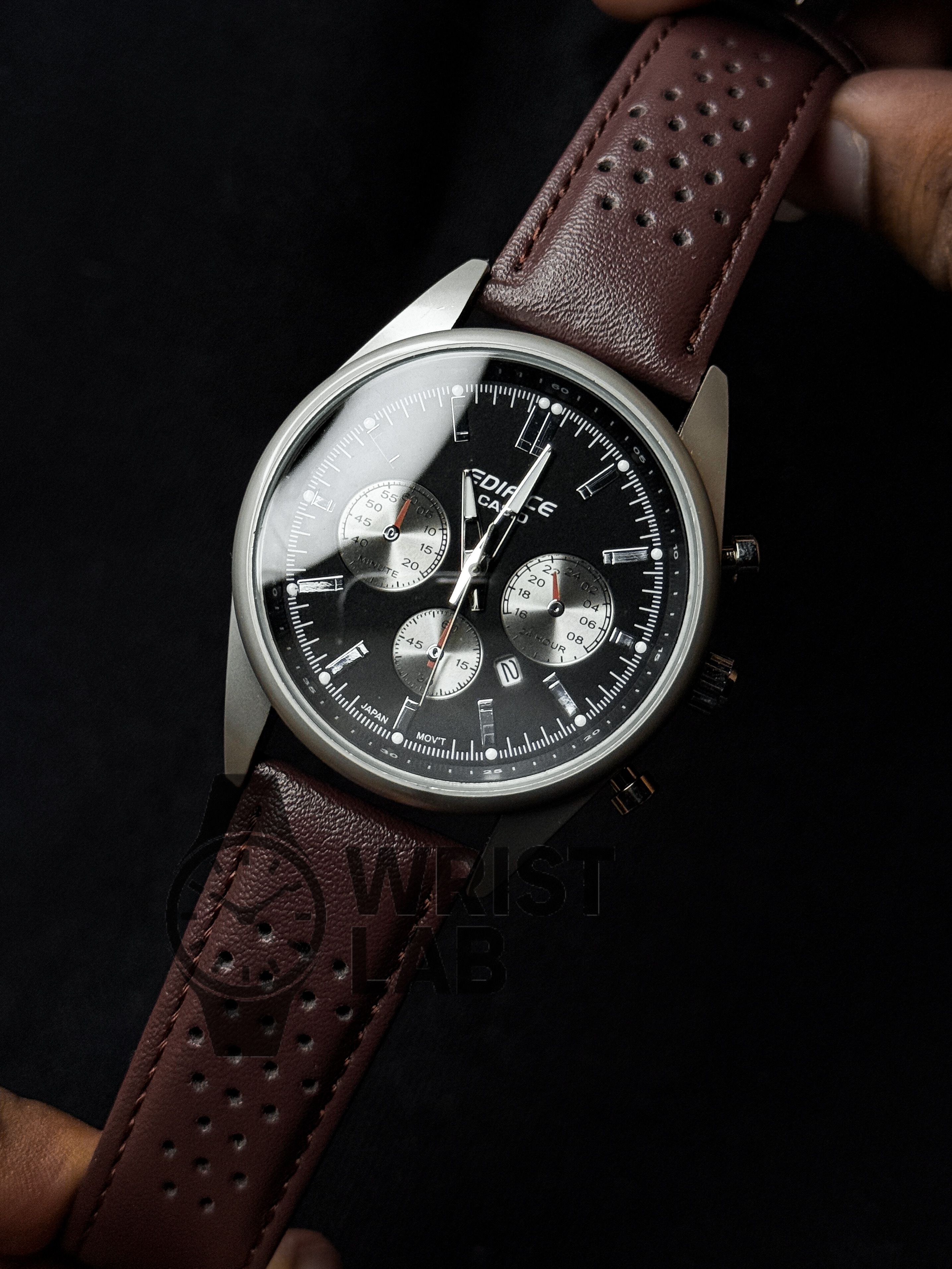 EDIFICE CLASSIC TRI-SUBDIAL BLACK DIAL BROWN BELT_img_2