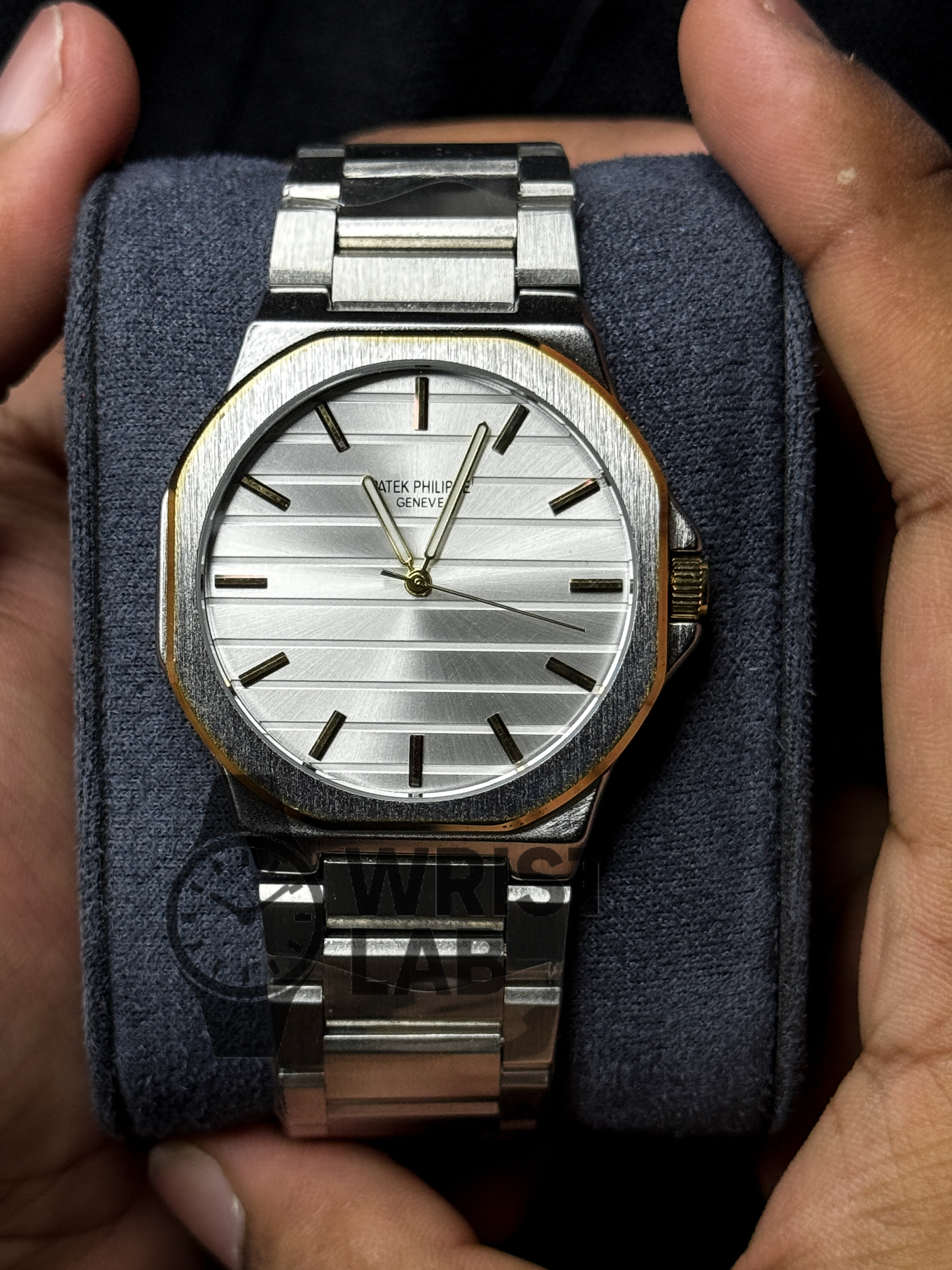 PATEK PHILIPPE MIDNIGHT RIBBED STEEL-LINK TWO TONE WHITE DIAL SILVER CHAIN_img_1
