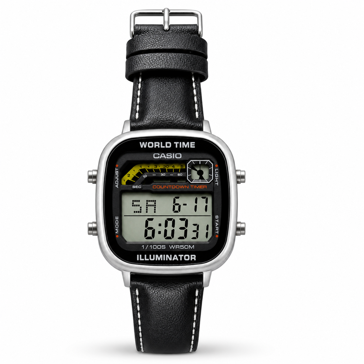CASIO RETRO WORLD TIMER DIGITAL BLACK BELT SILVER CASE_img_0