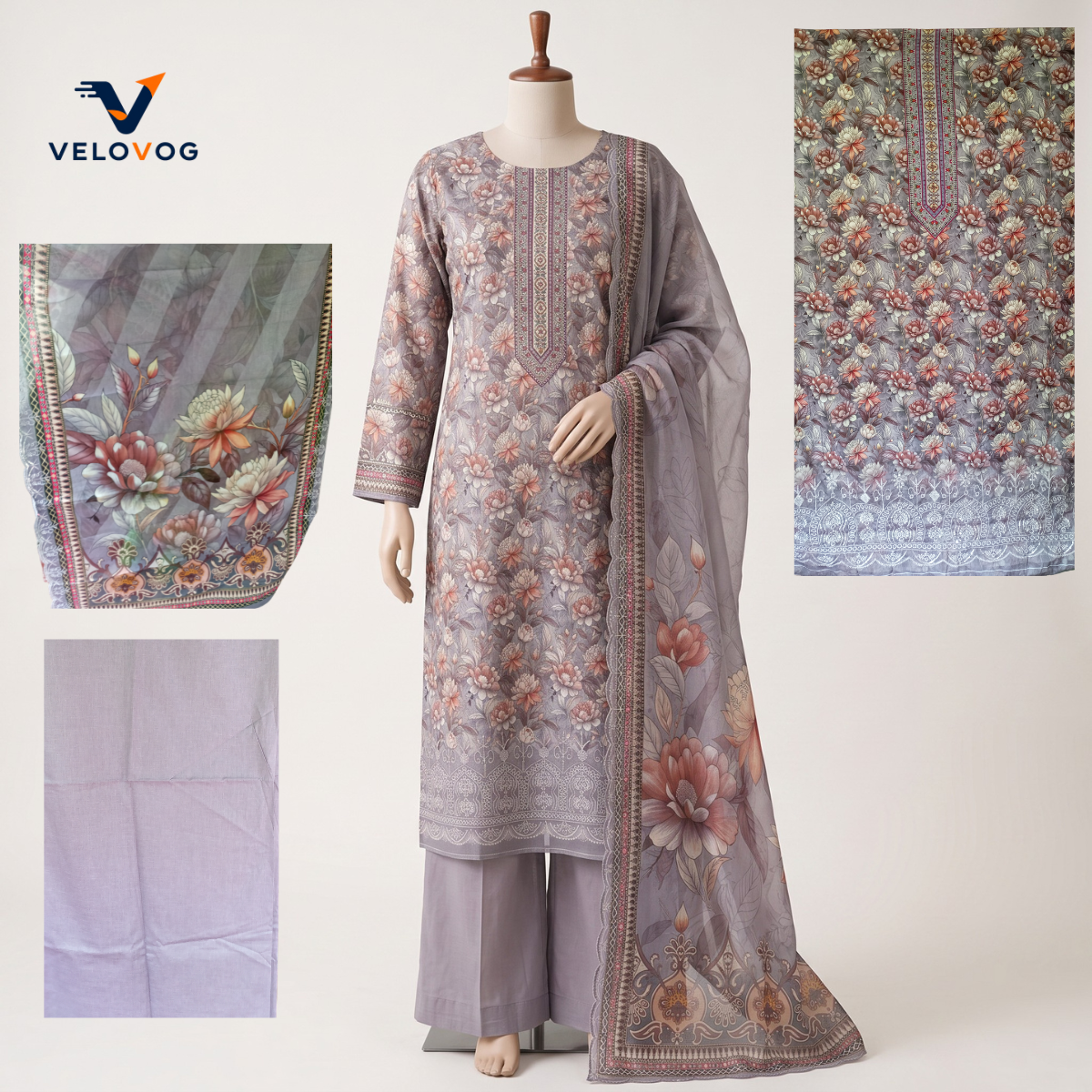 Ash Color Pure Cotton Printed Three-Piece with Embroidery & Sequin Work  |  VELOVOG_img_1