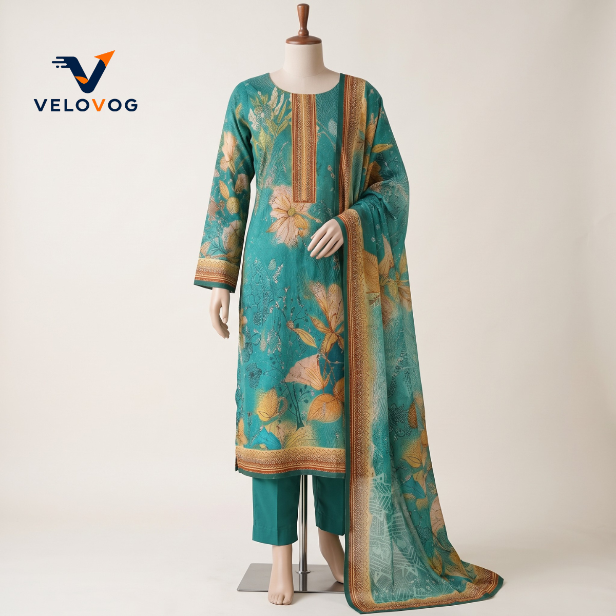 Pure Cotton Sequin & Thread Embroidery Three-Piece – Turquoise | VELOVOG